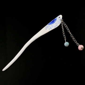 Handmade Porcelain China Freeform Hair Stick Blue Sunflower with Tassels